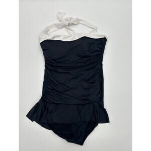 Lauren Ralph Lauren Black White Halter One Piece Swimsuit Ruched Ruffle XXL/14